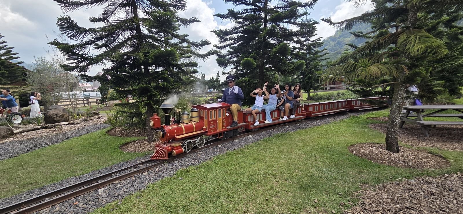 Family enjoying a miniature train ride through pine trees at a highland farm in Bali